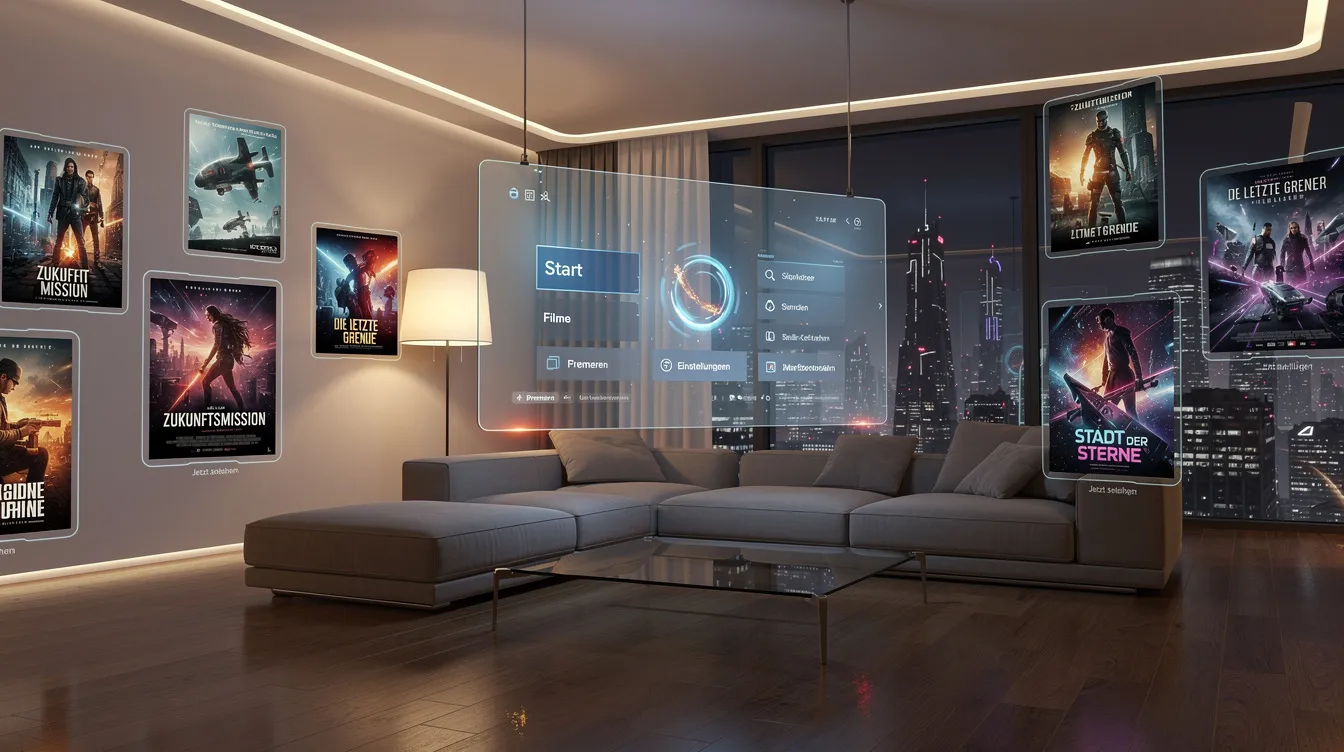 Das Bild zeigt ein futuristisches Wohnzimmer mit einem transparenten Bildschirm und holografischen Filmpostern, die an den Wänden schweben. Die moderne Einrichtung ist in warmem Licht beleuchtet und schafft eine einladende Atmosphäre für Filmabende auf Plattformen wie Netflix oder Amazon.