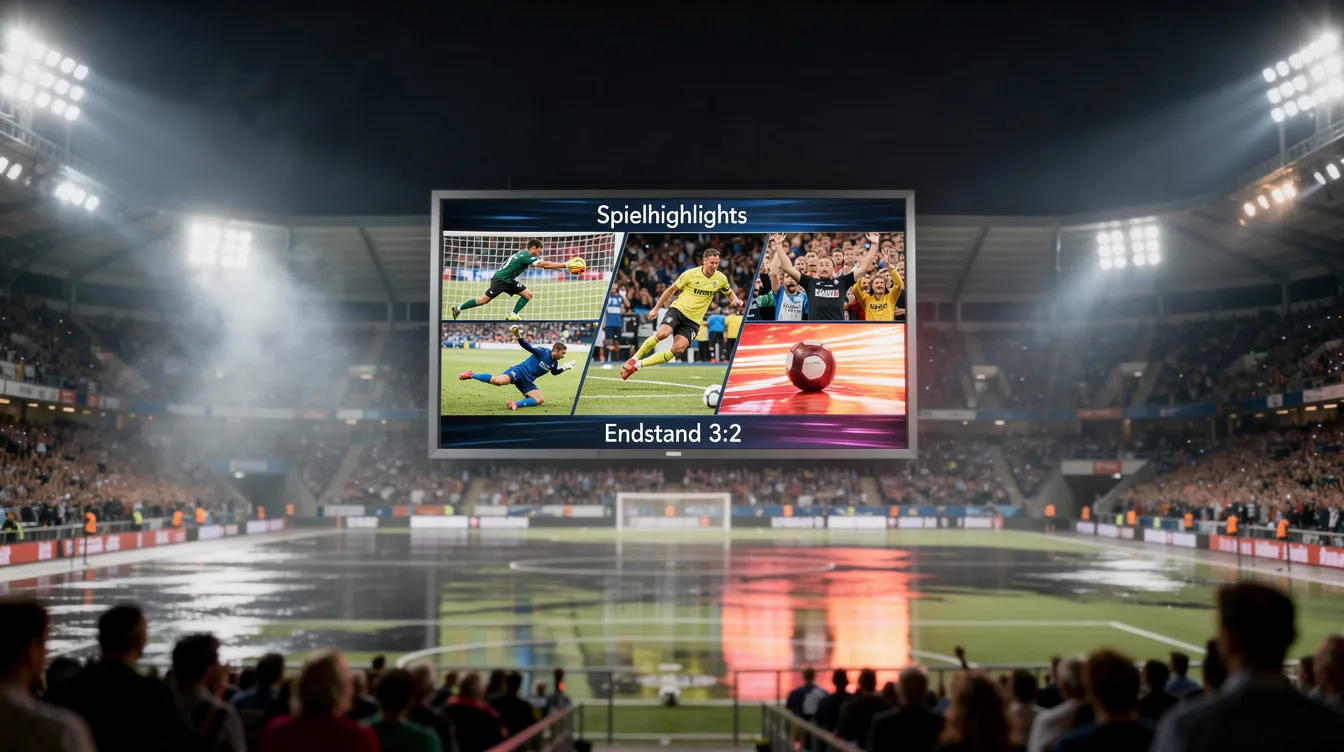 Die Sportarena ist bei Nacht hell erleuchtet, während auf der Anzeigetafel verschiedene Spielszenen in einer dynamischen Zusammenfassung angezeigt werden. Zuschauer können die aufregenden Ergebnisse und die Handlung des Spiels in dieser lebhaften Atmosphäre erleben.