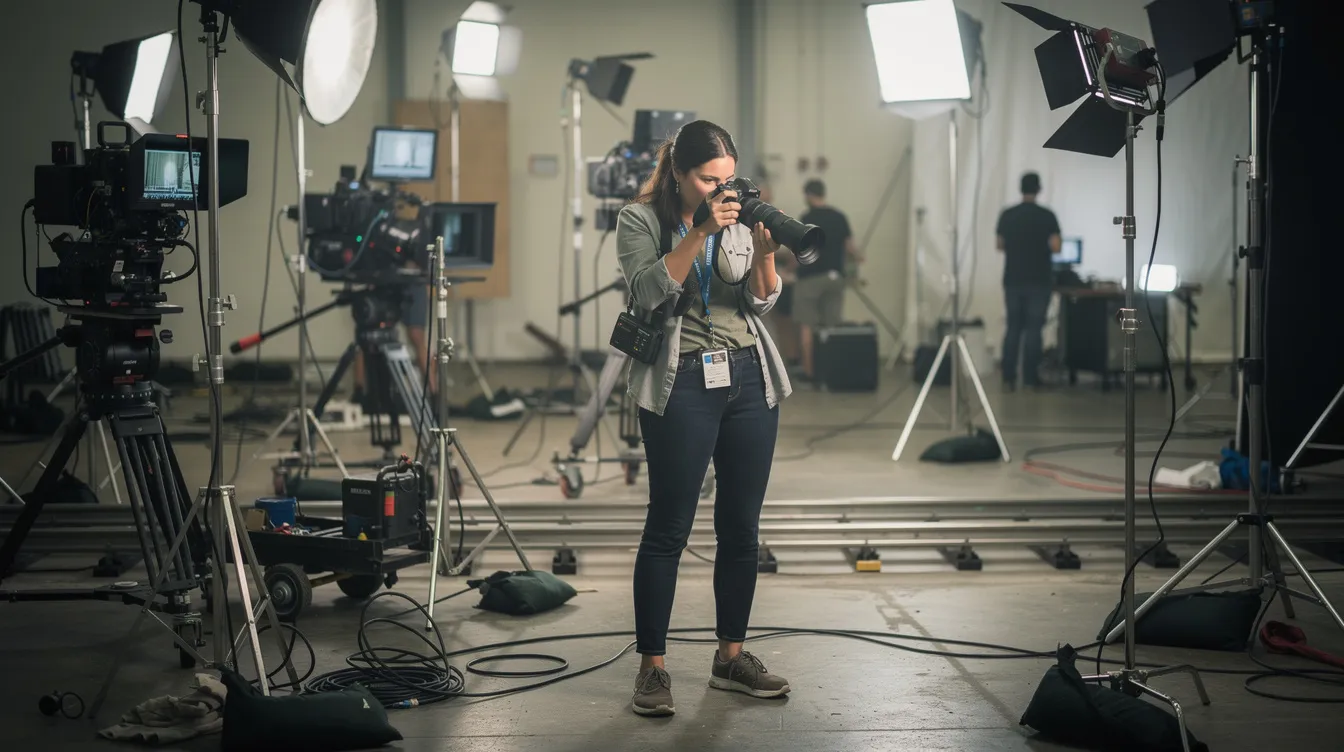 Eine Fotografin steht auf einem Filmset, umgeben von Kameraequipment und Scheinwerfern, während sie Szenenfotos aufnimmt. Die Atmosphäre ist kreativ und dynamisch, ideal für die Erstellung von Medieninhalten und die Zusammenarbeit im Bereich der visuellen Kommunikation.