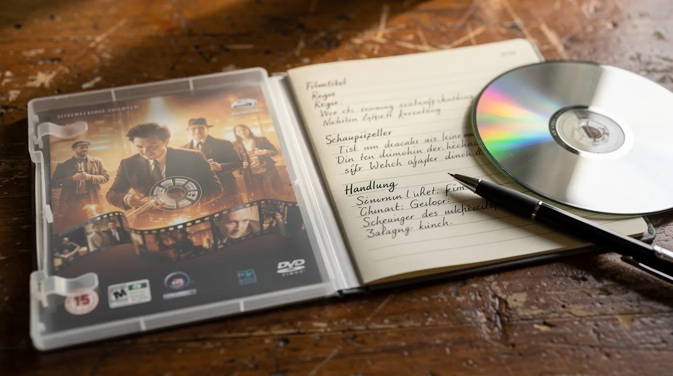 Eine Nahaufnahme einer geöffneten Filmdisc-Hülle liegt auf einem Holztisch, daneben befindet sich ein aufgeschlagenes Notizbuch mit handschriftlichen Notizen zu Filmen, darunter auch Gedanken über Richard Linklater und die Charaktere Jesse und Céline aus "Before Sunrise". Die Szene strahlt eine kreative Atmosphäre aus, die zum Nachdenken über Filmgeschichten und Begegnungen anregt.