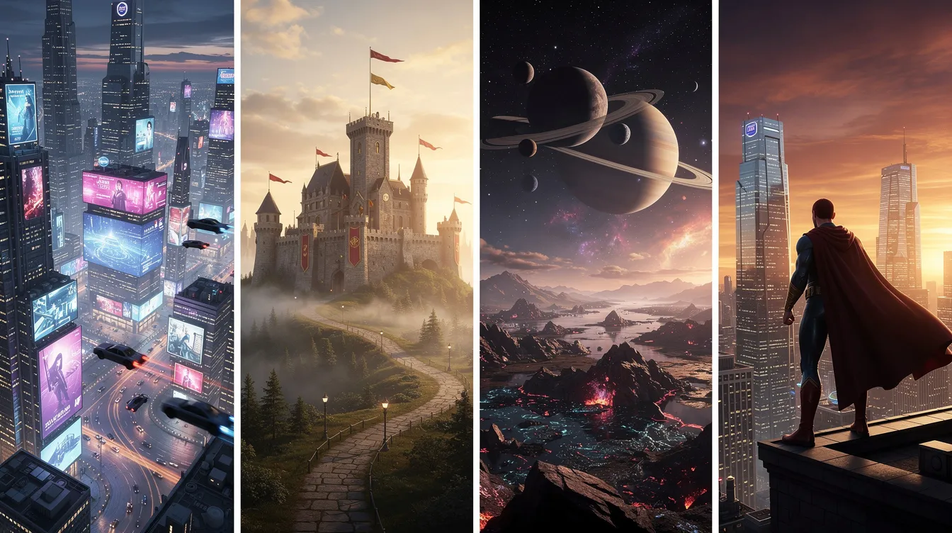 Das Bild zeigt vier ikonische filmische Szenarien nebeneinander: eine futuristische Großstadt mit hohen Wolkenkratzern, ein majestätisches mittelalterliches Schloss, eine beeindruckende Weltraumlandschaft mit Planeten und Sternen sowie die Silhouette eines Superhelden vor der Skyline. Diese Szenen repräsentieren verschiedene Elemente der Fiktion und sind Teil eines transmedialen Storytellings, das die Zuschauer in unterschiedliche Welten eintauchen lässt.