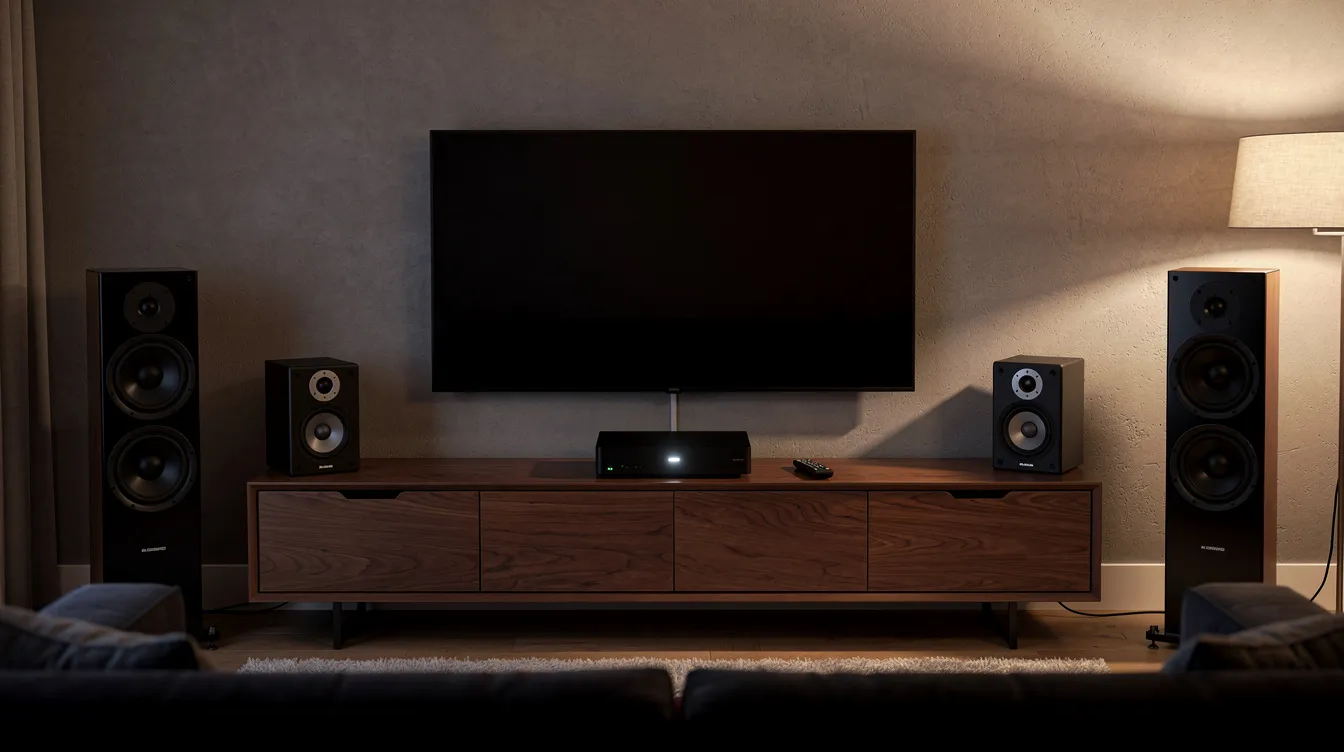 Das Bild zeigt ein Heimkino-Setup mit einem großen Fernseher auf einem Sideboard, umgeben von Lautsprechern und einem Streaming-Gerät. Diese Anordnung ermöglicht eine optimale Dekodierung von Video- und Audiosignalen für ein beeindruckendes Unterhaltungserlebnis.