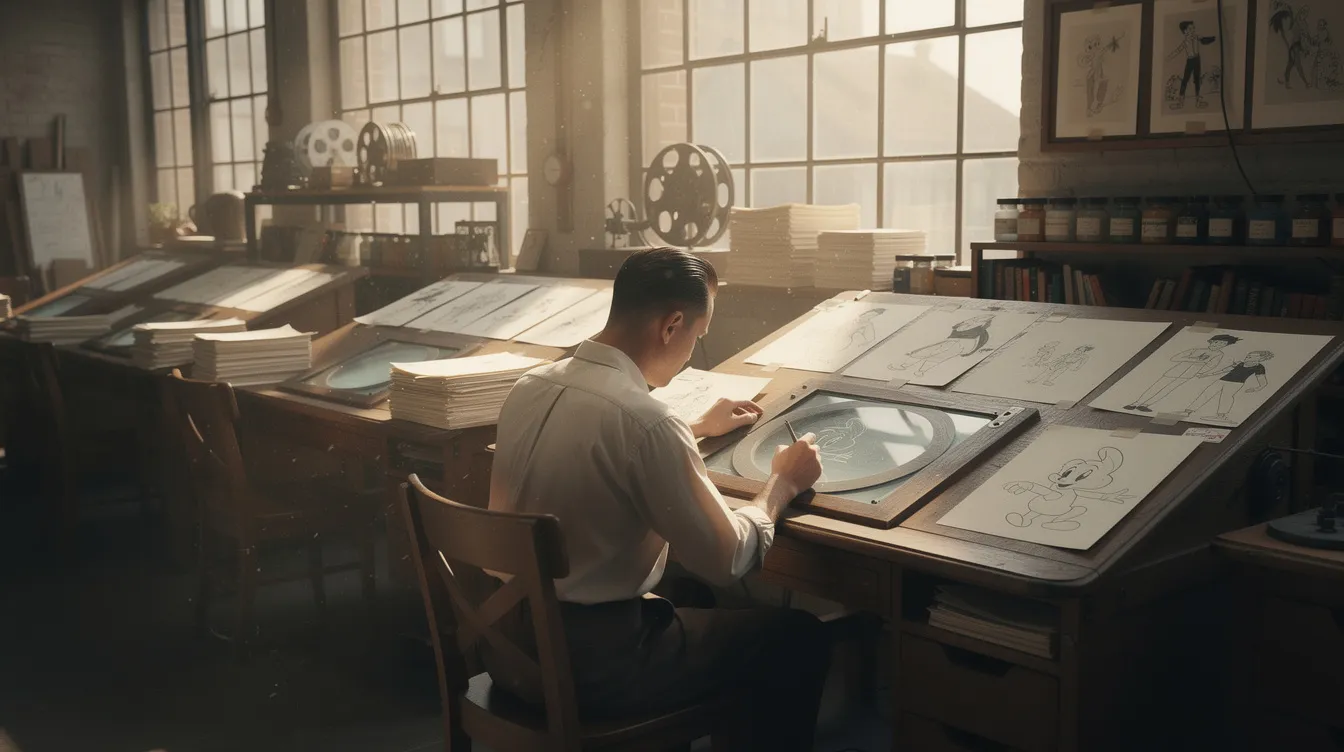 Das Bild zeigt ein Vintage-Animationsstudio mit mehreren Zeichentischen, auf denen Cel-Sheets ordentlich aufgereiht sind. Ein Zeichner arbeitet konzentriert an einer Cartoon-Figur, während die Atmosphäre des Studios an die klassischen Zeichentrickfilme und Stop-Motion-Animationsfilme erinnert.