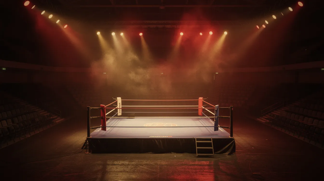 Ein Boxring in einer großen Arena, dramatisch beleuchtet mit roten und goldenen Spotlights, umgeben von Rauch, während die leeren Zuschauerränge auf den nächsten Titelkampf warten. Diese Szene erinnert an die spannenden Momente aus "Rocky III", in dem Sylvester Stallone als Rocky Balboa gegen den Herausforderer Clubber Lang antritt.