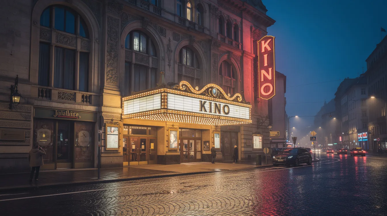 Das Bild zeigt ein historisches Kinogebäude mit beeindruckender europäischer Architektur, das nachts beleuchtet ist. Die Leuchtreklame strahlt in bunten Farben und vermittelt das Gefühl eines lebendigen Ortes in der Filmindustrie, wo Blockbuster-Filme und die neuesten Releases gefeiert werden.