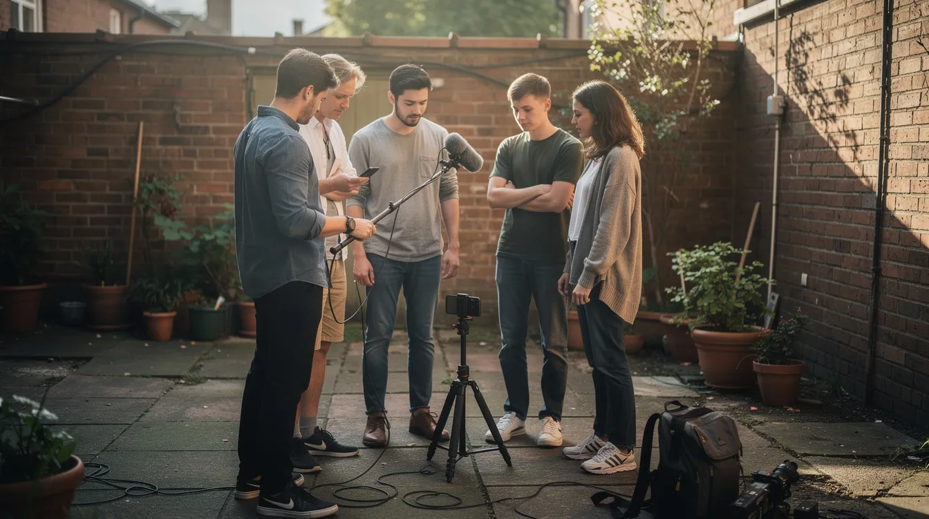Eine Gruppe junger Filmschaffender steht in einem Hinterhof, während sie mit einem Smartphone auf einem kleinen Stativ und einem externen Mikrofon arbeiten. Die Szene ist von natürlichem Tageslicht beleuchtet und vermittelt eine lockere Arbeitsatmosphäre, ideal für die Produktion von Inhalten wie Episoden oder Webserien.