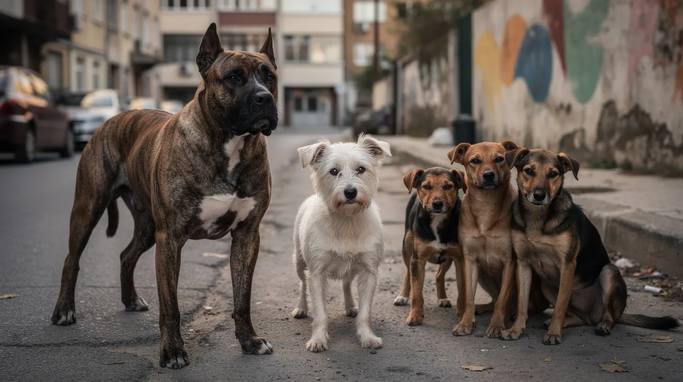 Drei Hunde stehen nebeneinander in einer urbanen Kulisse: ein muskulöser Kampfhund, ein kleiner weißer Terrier und mehrere Straßenhunde, die das Stadtleben in Mexiko City widerspiegeln. Diese Szene erinnert an die Geschichten und Charaktere aus dem Debütfilm "Amores Perros" von Alejandro González Iñárritu, der das Leben und die Schicksale von Menschen und Hunden verbindet.