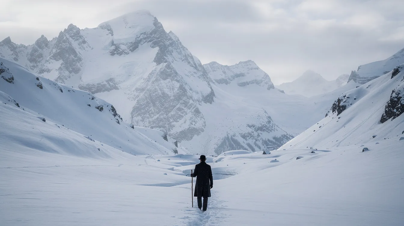 Ein einsamer Wanderer mit Melone und Stock durchquert eine weite, verschneite Berglandschaft, während majestätische, schneebedeckte Gipfel im Hintergrund aufragen. Diese Szene erinnert an die Abenteuer der Goldsucher während des Goldrauschs, als viele Menschen auf der Suche nach Reichtum in unwirtliche Gebiete zogen.