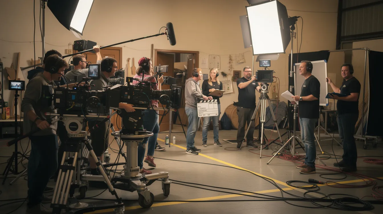 Das Bild zeigt ein Filmset mit mehreren Kameras, professioneller Beleuchtung und Crewmitgliedern, die bei den Dreharbeiten aktiv sind. Die Szene vermittelt das geschäftige Treiben der Filmindustrie, während das Team sich auf die Produktion eines neuen Films vorbereitet.