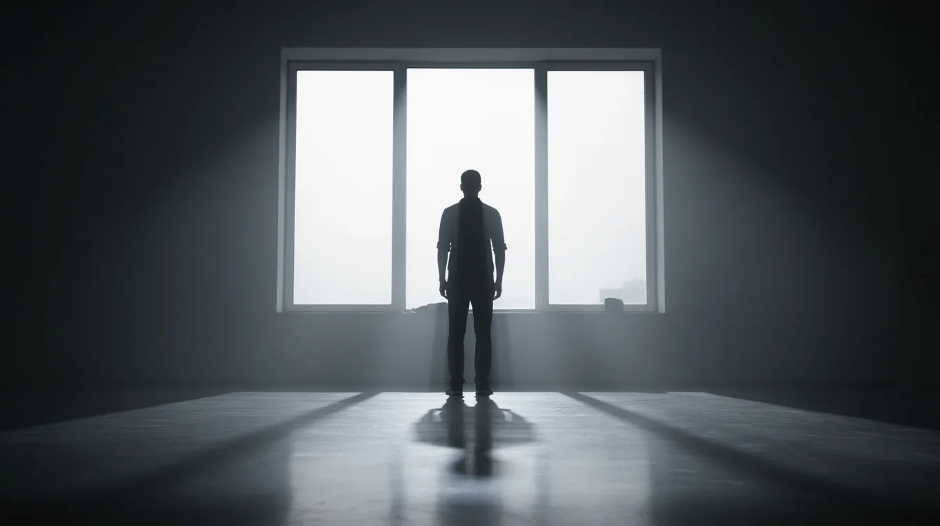 Die Silhouette einer einzelnen Person steht vor einem großen, hell erleuchteten Fenster, wobei dramatisches Gegenlicht lange Schatten auf den Boden wirft. Dieses Bild vermittelt eine tiefgründige Stimmung, die an die Themen von Literatur und Film erinnert, und lädt zur Interpretation der dargestellten Situation ein.