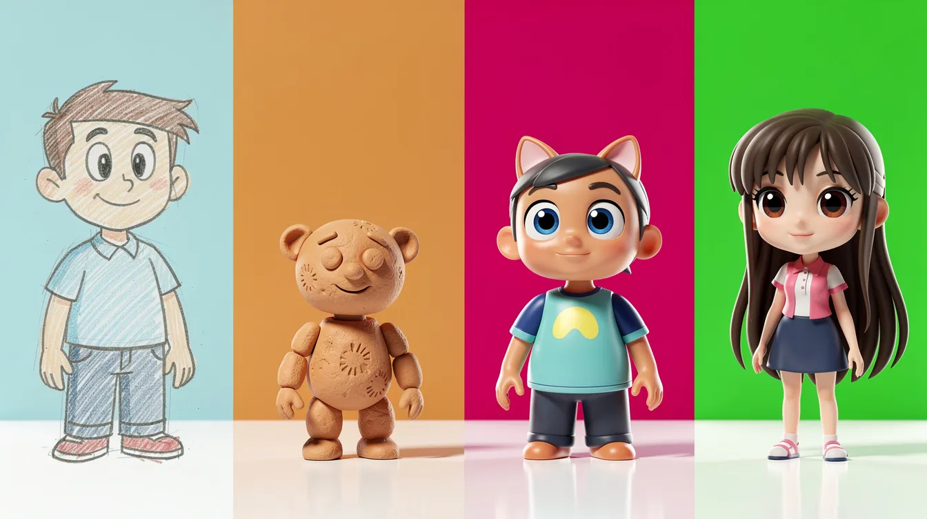 Die Collage zeigt verschiedene Animationsstile nebeneinander: eine handgezeichnete Figur, eine Knetpuppe, ein 3D-gerenderter Charakter und eine Anime-Figur, die vor einem bunten, geteilten Hintergrund stehen. Diese Vielfalt repräsentiert die besten Animationsfilme und die unterschiedlichen Techniken, die in der Welt der Zeichentrickfilme verwendet werden.