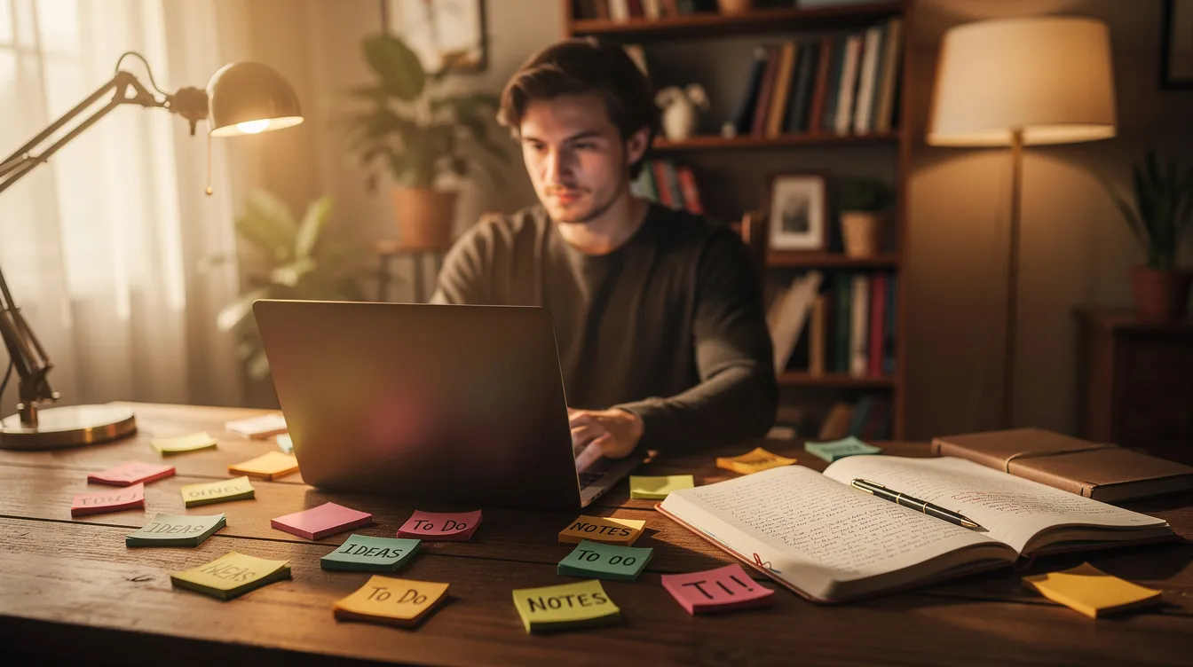 Eine Person sitzt an einem Schreibtisch in einem warm beleuchteten Arbeitszimmer, umgeben von Notizzetteln und einem aufgeschlagenen Notizbuch, während sie auf einen Laptop blickt. Diese Szene könnte Teil einer Erzählung über die kreative Praxis des Schreibens sein, ähnlich den Geschichten von Arthur Conan Doyle und den Charakteren von Sherlock Holmes.