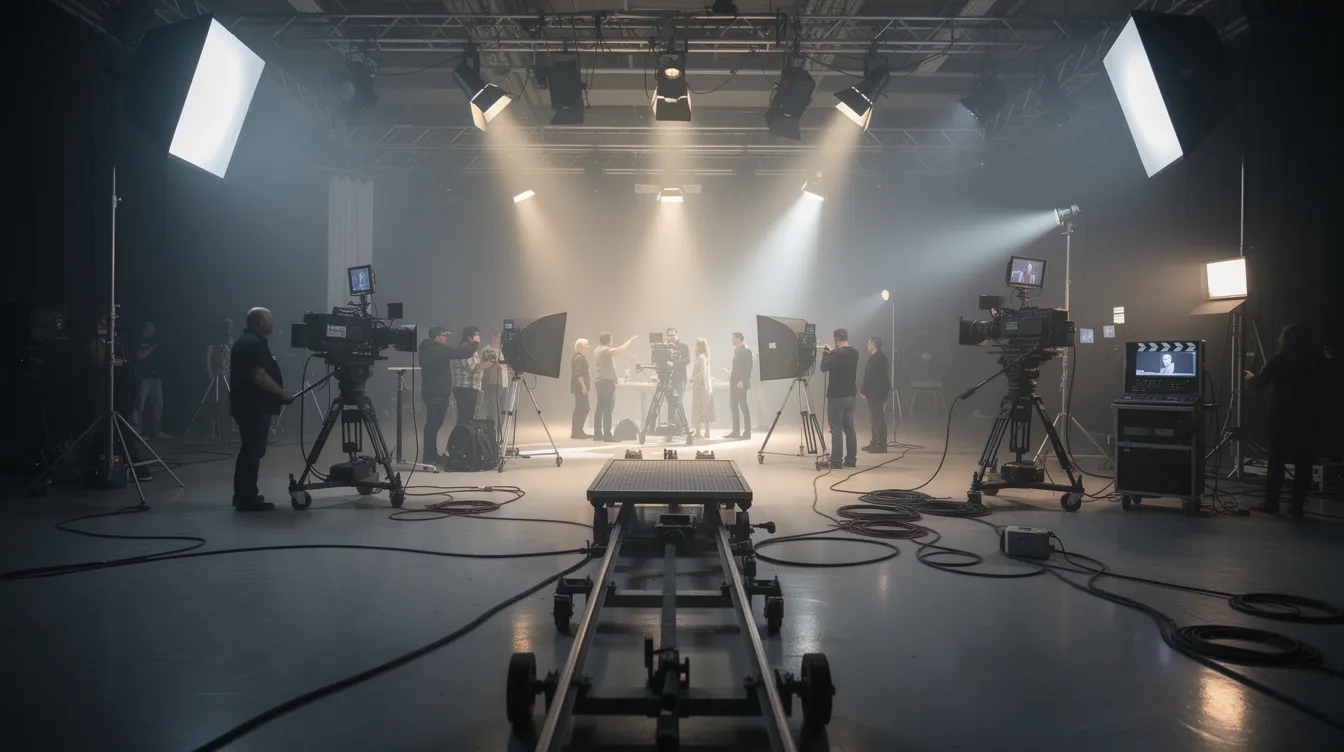 Die Szene zeigt ein dramatisches Filmset in einem Studio, wo Schauspieler inmitten von Kameras und Scheinwerfern agieren. Diese Umgebung ist typisch für die aufregenden Momente während der Sweeps Weeks, wenn TV-Stationen ihre besten Programme präsentieren, um die Nielsen-Ratings zu maximieren.