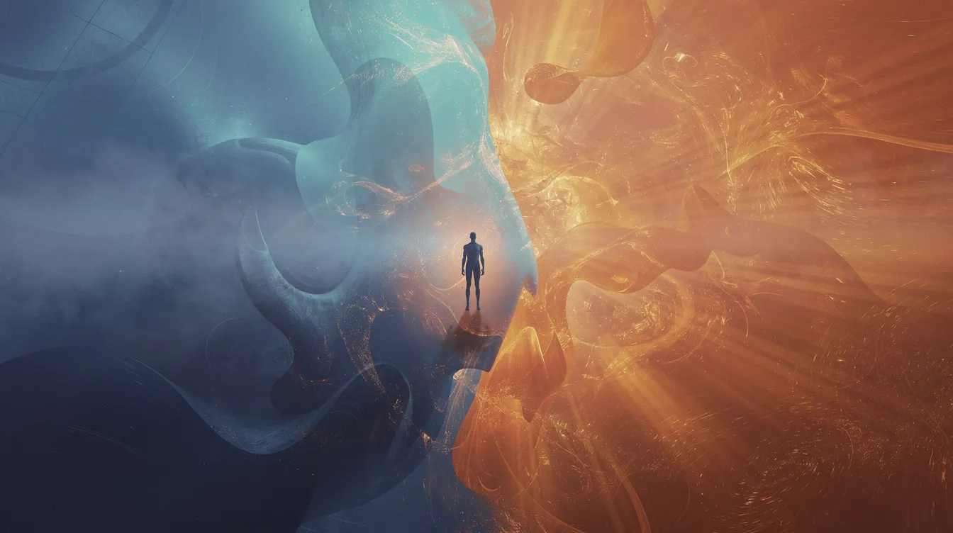 Die abstrakte Darstellung zeigt zwei parallele, sich überlagernde Welten in lebendigen Blau- und Orangetönen, mit einer einzelnen Silhouette, die zwischen ihnen steht. Diese Komposition vermittelt ein Gefühl von Mystery und Drama, ähnlich den Themen des Kultfilms "Donnie Darko".