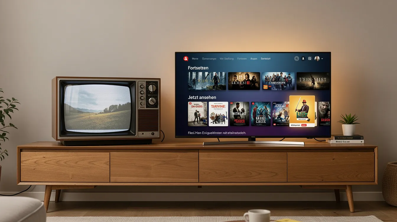 Auf einem Sideboard stehen ein alter Fernseher, der Standbilder zeigt, und ein moderner Fernseher, der einen Streaming-Bildschirm präsentiert. Diese Anordnung verdeutlicht den Kontrast zwischen der Vergangenheit, wie sie in der Serie "Happy Days" dargestellt wurde, und der heutigen digitalen Medienlandschaft.