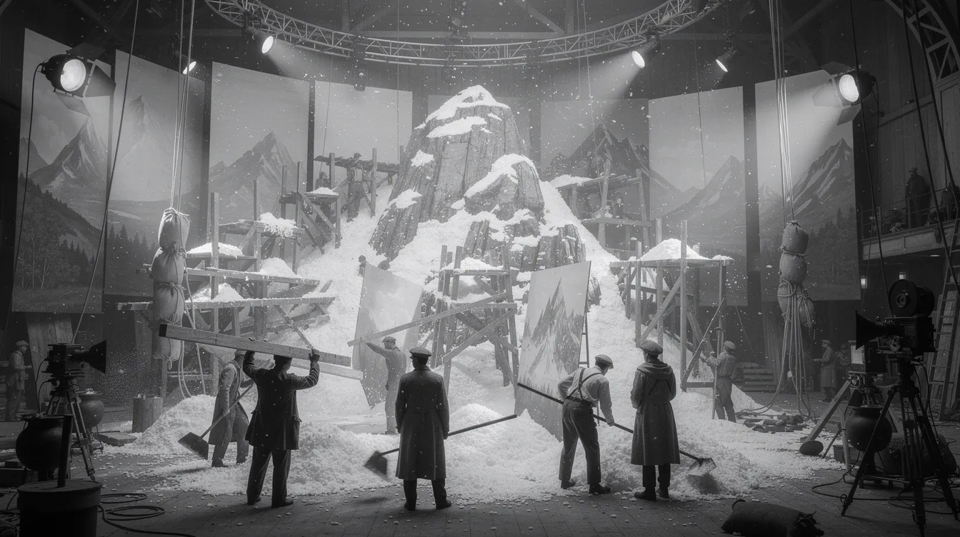 In einem großen Filmstudio der 1920er Jahre arbeiten zahlreiche Arbeiter an der Konstruktion einer verschneiten Bergkulisse, während hölzerne Gerüste und künstlicher Schnee sichtbar sind. Diese Szene erinnert an den Goldrausch und die Geschichte der Goldsucher, die in den Klondike und Alaska nach Reichtum strebten.