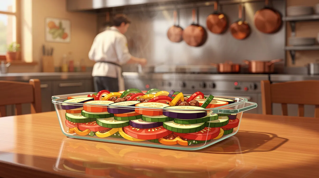 Die bunte animierte Küchenszene zeigt ein kunstvoll geschichtetes Gemüsegericht in einer Auflaufform, das auf einem eleganten Restauranttisch präsentiert wird. Das Gericht besteht aus verschiedenen Gemüsesorten wie Zucchini, Auberginen und Paprika, die an das klassische Ratatouille erinnern und mit frischen Kräutern garniert sind.