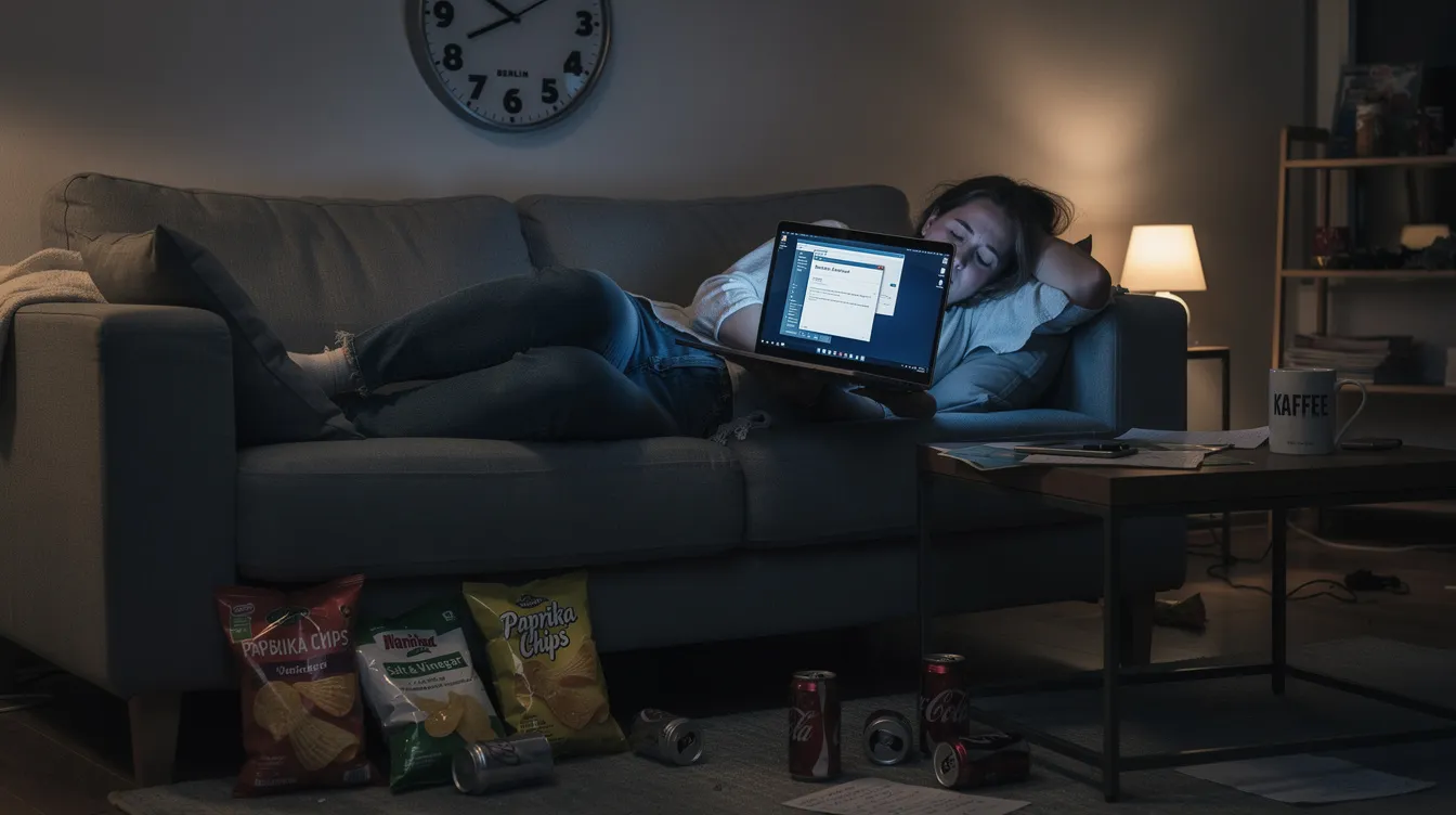 Eine übermüdete Person liegt nachts auf dem Sofa, umgeben von leeren Chipstüten und Getränkedosen, während ein Laptop auf ihrem Schoß leuchtet und die Wanduhr drei Uhr morgens anzeigt. Diese Szene könnte das Phänomen des Binge-Watchings widerspiegeln, in dem Serien und Episoden bis spät in die Nacht geschaut werden.