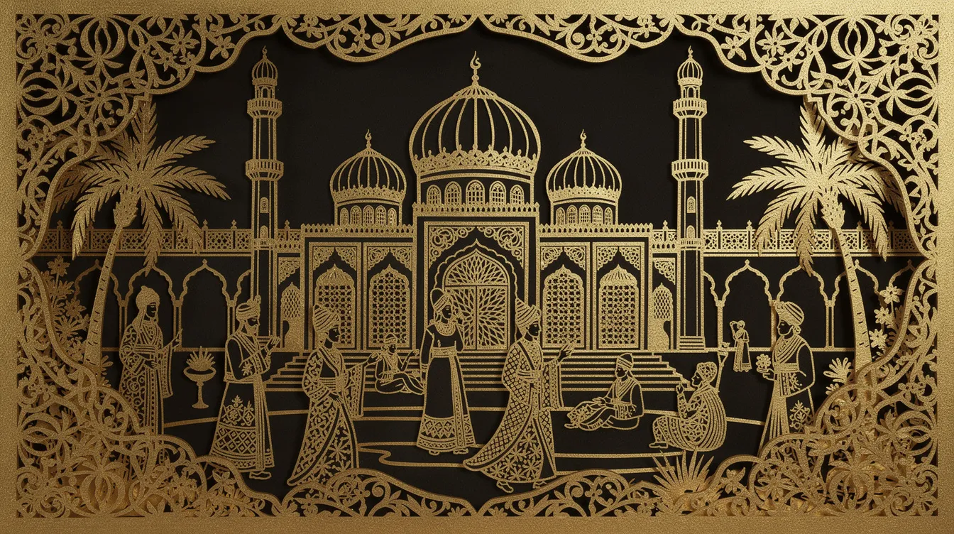 Die Scherenschnitt-Silhouetten in Gold und Schwarz zeigen eine bezaubernde orientalische Palastszene mit filigranen Figuren und Ornamenten, die an die Magie von Märchen und klassischen Animationsfilmen erinnern. Diese kunstvolle Darstellung lädt den Betrachter ein, in ein faszinierendes Abenteuer einzutauchen, ähnlich den besten Animationsfilmen von Disney und Pixar.