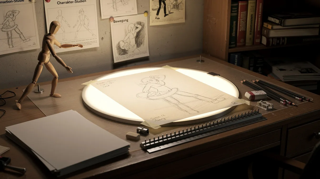 Die klassische Animations-Workstation ist ausgestattet mit einem Leuchtpult, Zeichenpapier und Bleistiften, während eine Figurine neben dem Arbeitsplatz steht. Diese Szene vermittelt das kreative Umfeld, in dem Zeichentrickfilme und Stop-Motion-Animationsfilme entstehen, und erinnert an die besten Animationsabenteuer von Walt Disney und Pixar.