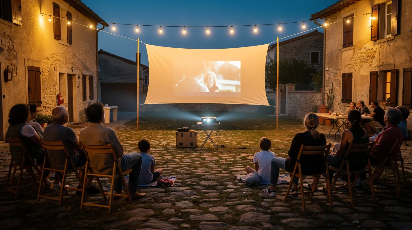 Die Bildbeschreibung zeigt eine Filmvorführung im Freien in einem Dorf, wo Menschen auf einfachen Stühlen sitzen und gespannt auf eine improvisierte Leinwand blicken. Die abendliche Stimmung vermittelt eine Atmosphäre des gemeinschaftlichen Erlebens, die an die Ideale des dritten Kinos erinnert, das von Filmemachern wie Fernando Solanas und Octavio Getino geprägt wurde.