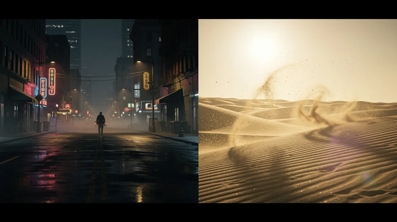 Das Bild zeigt zwei kontrastierende Filmszenen: Links eine düstere Straßenszene bei Nacht mit schwachem Licht und Schatten, während rechts eine helle Wüstenlandschaft mit wirbelndem Sand im Gegenlicht zu sehen ist. Diese Darstellung könnte als Beispiel für die Vielfalt von Erzählungen und Stimmungen in Film und Literatur dienen.