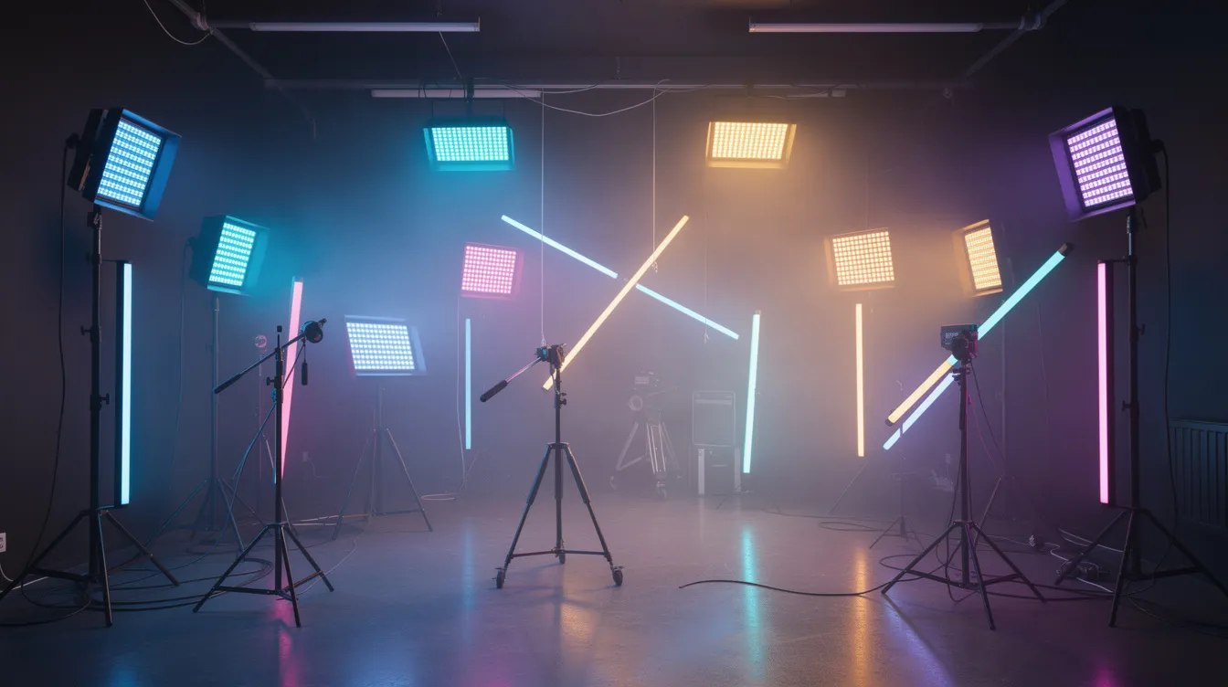 In einem kleinen Studio sind verschiedene LED-Filmlichtpanels und LED-Tubes zu sehen, die in unterschiedlichen Farben leuchten. Einige der Leuchten sind auf Stativen montiert, während andere an der Decke befestigt sind, und schaffen so eine vielseitige Ausleuchtung für Film- und Fotoaufnahmen.