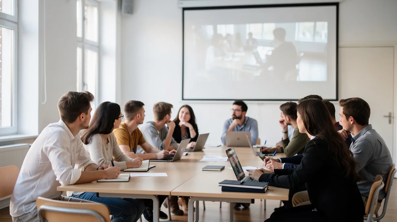 In einem hellen Seminarraum sitzt eine Gruppe junger Menschen, die konzentriert auf eine unscharfe Filmprojektion im Hintergrund blickt. Die Atmosphäre ist ernst und nachdenklich, während sie sich mit Themen aus Richard Linklaters Werk, wie den Beziehungen zwischen Jesse und Céline, auseinandersetzen.