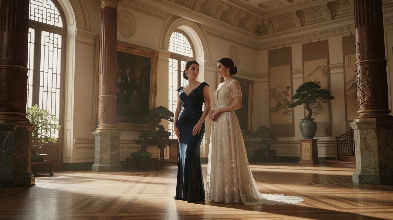 Zwei elegant gekleidete Frauen stehen in einem prachtvollen Raum, der eine harmonische Mischung aus westlicher und ostasiatischer Architektur zeigt. Gedämpftes Licht fällt durch hohe Fenster und schafft eine geheimnisvolle Atmosphäre, die an die Ästhetik des Films "The Handmaiden" von Park Chan-wook erinnert.