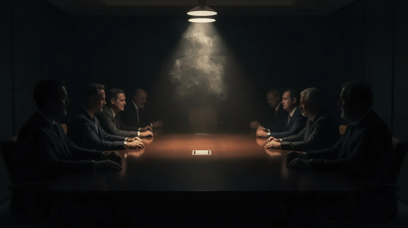 Ein langer Konferenztisch steht in einem dunklen Raum, beleuchtet von einer einzelnen Lampe. Zigarrenrauch steigt durch den Lichtstrahl auf, während Silhouetten von Männern in Anzügen auf geheimnisvolle Weise diskutieren, was an die Verschwörungen und die Mythologie der Serie "The X-Files" erinnert.