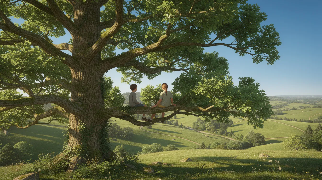 Zwei Kinder sitzen auf den Ästen eines riesigen Baumes und blicken über eine weite, grüne Landschaft unter einem wolkenlosen Himmel, während sie die Freiheit und den Spaß der Natur genießen, ähnlich wie im Anime-Klassiker "Mein Nachbar Totoro". Die Szene strahlt eine friedliche Atmosphäre aus und erinnert an die Abenteuer von Satsuki und Mei.