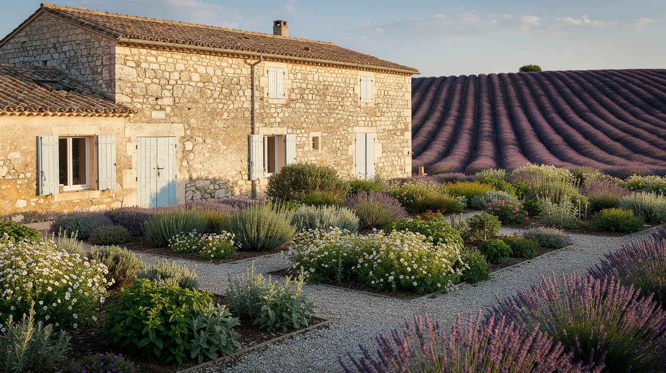 Das Bild zeigt ein altes Steinhaus in der malerischen Provence, umgeben von einem blühenden Kräutergarten und weitläufigen Lavendelfeldern im Hintergrund. Diese idyllische Szenerie erinnert an die Zutaten für ein klassisches Ratatouille, das mit frischem Gemüse wie Zucchini, Auberginen und Tomaten zubereitet wird.