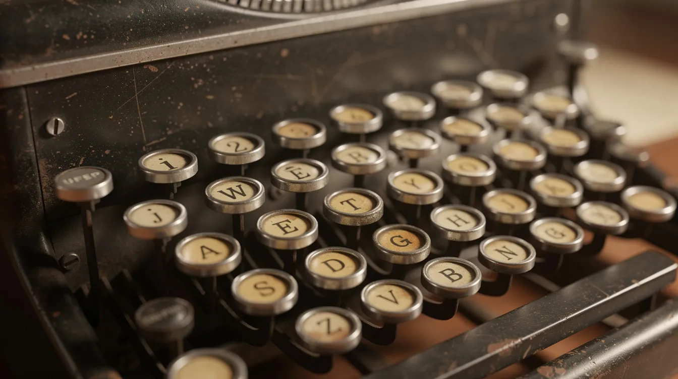 Die Nahaufnahme zeigt eine alte mechanische Schreibmaschine mit englischen Buchstaben auf den Tasten, die aus verschiedenen Zeichenkodierungen wie ASCII und Unicode besteht. Die Tasten sind abgenutzt und verleihen der Schreibmaschine einen nostalgischen Charme, während die sichtbaren Buchstaben die Vielfalt der verwendeten Zeichencodierungen widerspiegeln.