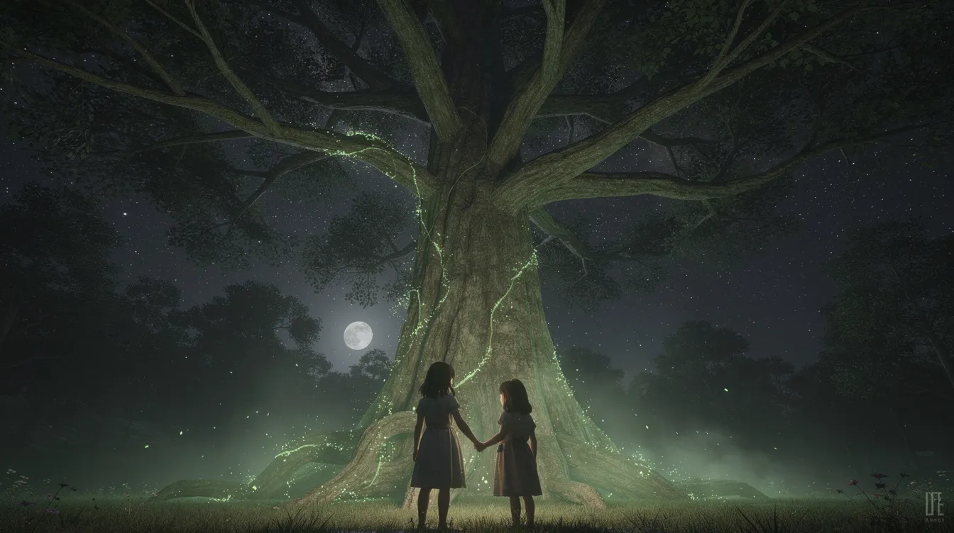 Zwei kleine Mädchen stehen nachts vor einem riesigen Baum, dessen Äste in den Sternenhimmel ragen, umgeben von einem geheimnisvollen grünen Leuchten. Diese Szene erinnert an den Anime-Klassiker "Mein Nachbar Totoro" von Hayao Miyazaki, der die Abenteuer von Satsuki und Mei im Wald zeigt.