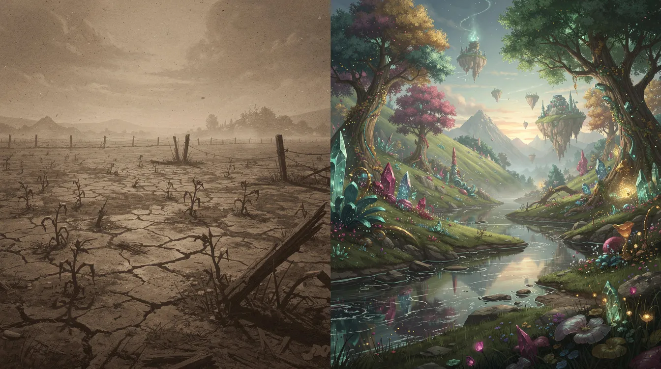 Das Bild zeigt eine Gegenüberstellung zweier Landschaften: Links erstreckt sich eine karge, staubige Farmlandschaft in warmen Sepiatönen, während rechts eine üppige, farbenfrohe Fantasy-Landschaft mit leuchtenden Farben und magischen Elementen zu sehen ist, die an das zauberhafte Land aus "Der Zauberer von Oz" erinnert.