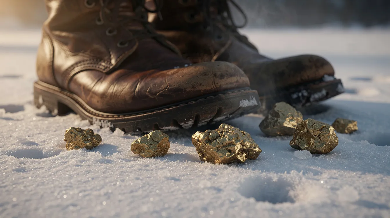 Auf einem schneebedeckten Boden liegen glänzende Goldnuggets neben einem Paar abgetragener alter Lederstiefel, während warmes Licht von der Seite auf die Szene fällt. Diese Darstellung erinnert an den Goldrausch und die Suche nach Reichtum in den Goldfeldern der Vergangenheit.