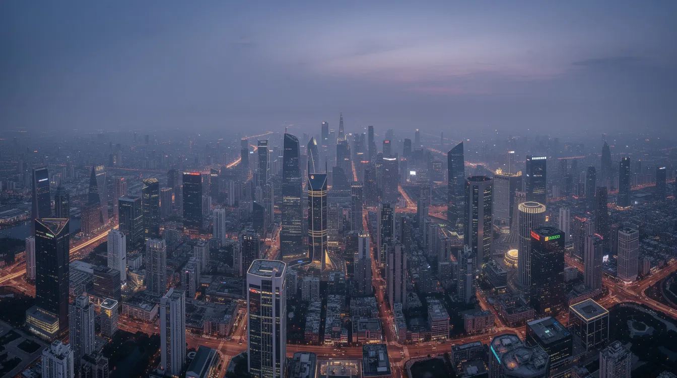 Der Panoramablick zeigt eine weitläufige Großstadt bei Abenddämmerung, in der Hochhäuser durch den Smog nur schemenhaft zu erkennen sind. Vereinzelt leuchten Lichter auf, die die Geschichten und Schicksale der Menschen in dieser pulsierenden Metropole, möglicherweise inspiriert von Alejandro González Iñárritu, widerspiegeln.