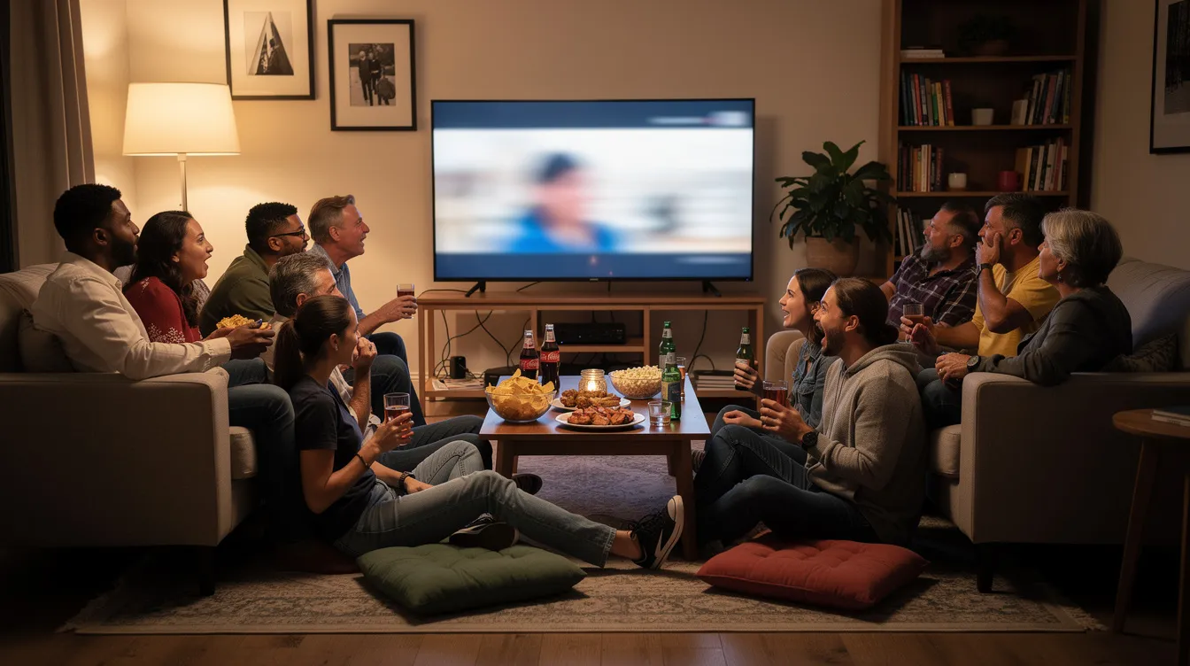 Eine große Menschengruppe sitzt in einem gemütlichen Wohnzimmer vor einem Fernseher und schaut gespannt die finale Episode einer beliebten Serie. Einige Personen halten Snacks und Getränke in den Händen, während sie gebannt den Bildschirm beobachten.