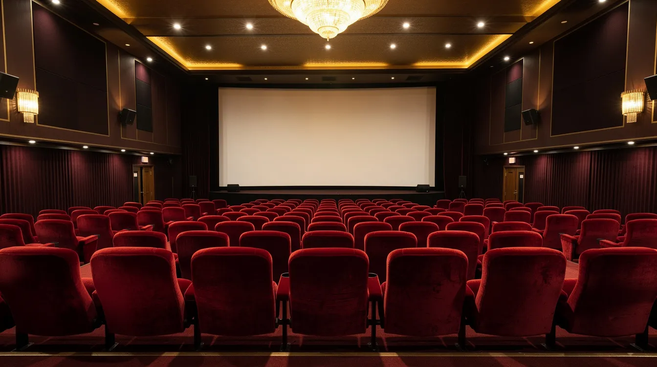 Ein großer Kinosaal mit roten Samtfauteuils ist zu sehen, in dem eine leere Leinwand von warmem Licht aus der Decke beleuchtet wird. Die Atmosphäre wirkt einladend und bereitet die Zuschauer auf die bevorstehende Filmvorführung vor.