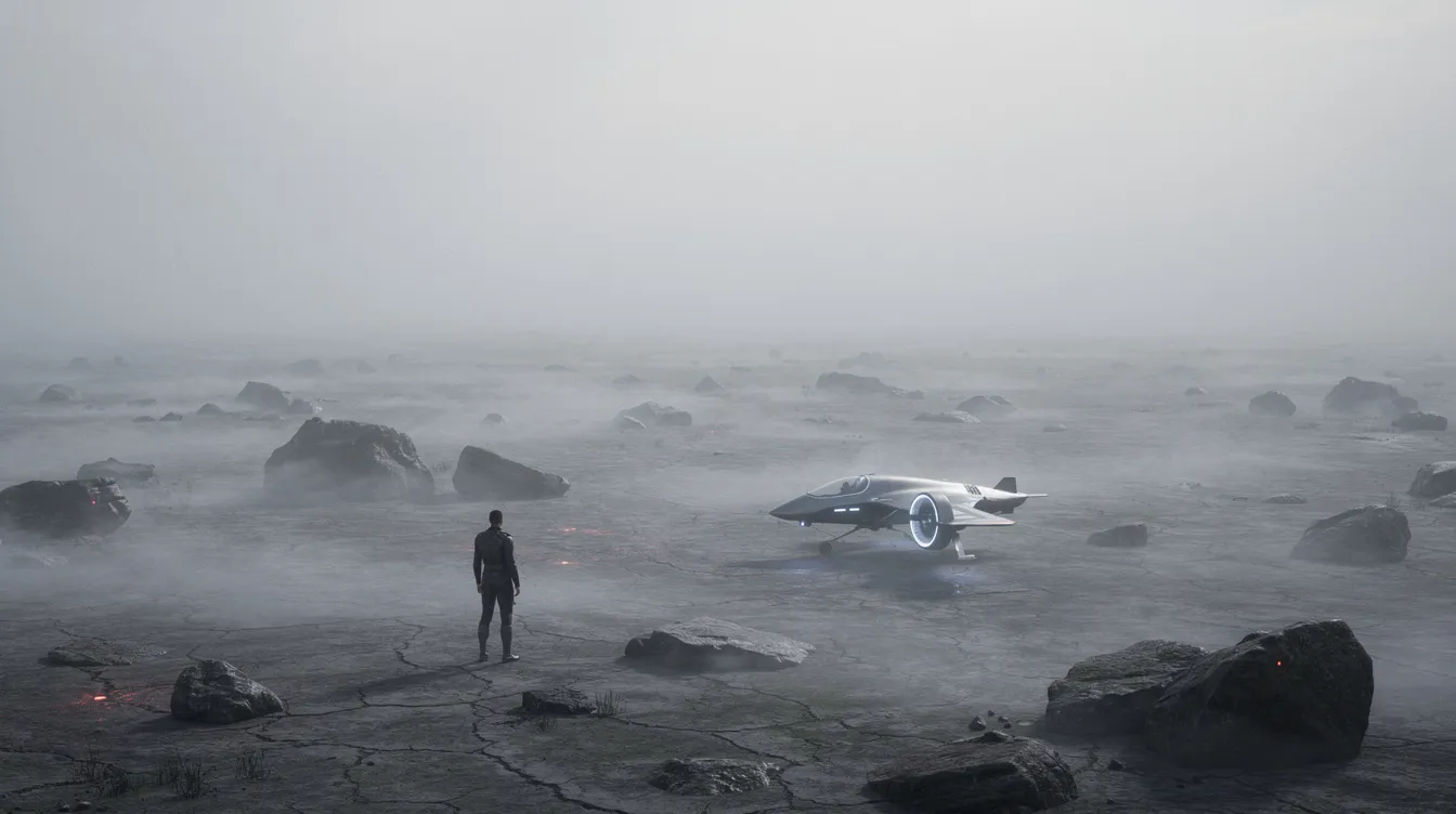 In einer weiten, nebeligen Ödlandschaft steht ein futuristischer Fluggleiter am Boden, während eine kleine menschliche Figur, die Officer K darstellen könnte, in die Ferne blickt und die düstere Atmosphäre der Science-Fiction-Welt von "Blade Runner 2049" spürt. Die Szene vermittelt ein Gefühl der Einsamkeit und der Suche nach Antworten in einer dystopischen Zukunft.