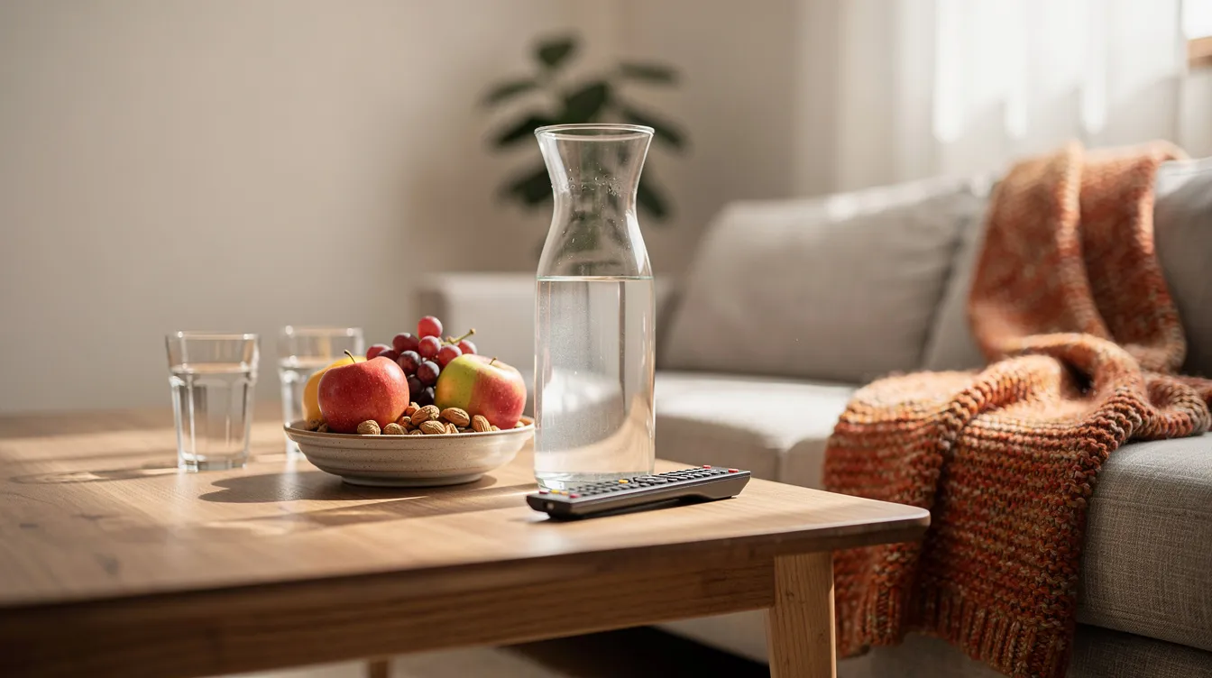 Auf dem aufgeräumten Couchtisch steht eine Karaffe mit Wasser, eine Schale mit Nüssen und frischem Obst sowie eine Fernbedienung, während eine gemütliche Decke auf dem Sofa daneben liegt – perfekt für einen Serienmarathon oder um bequem die neuesten Episoden auf Streamingdiensten zu schauen.
