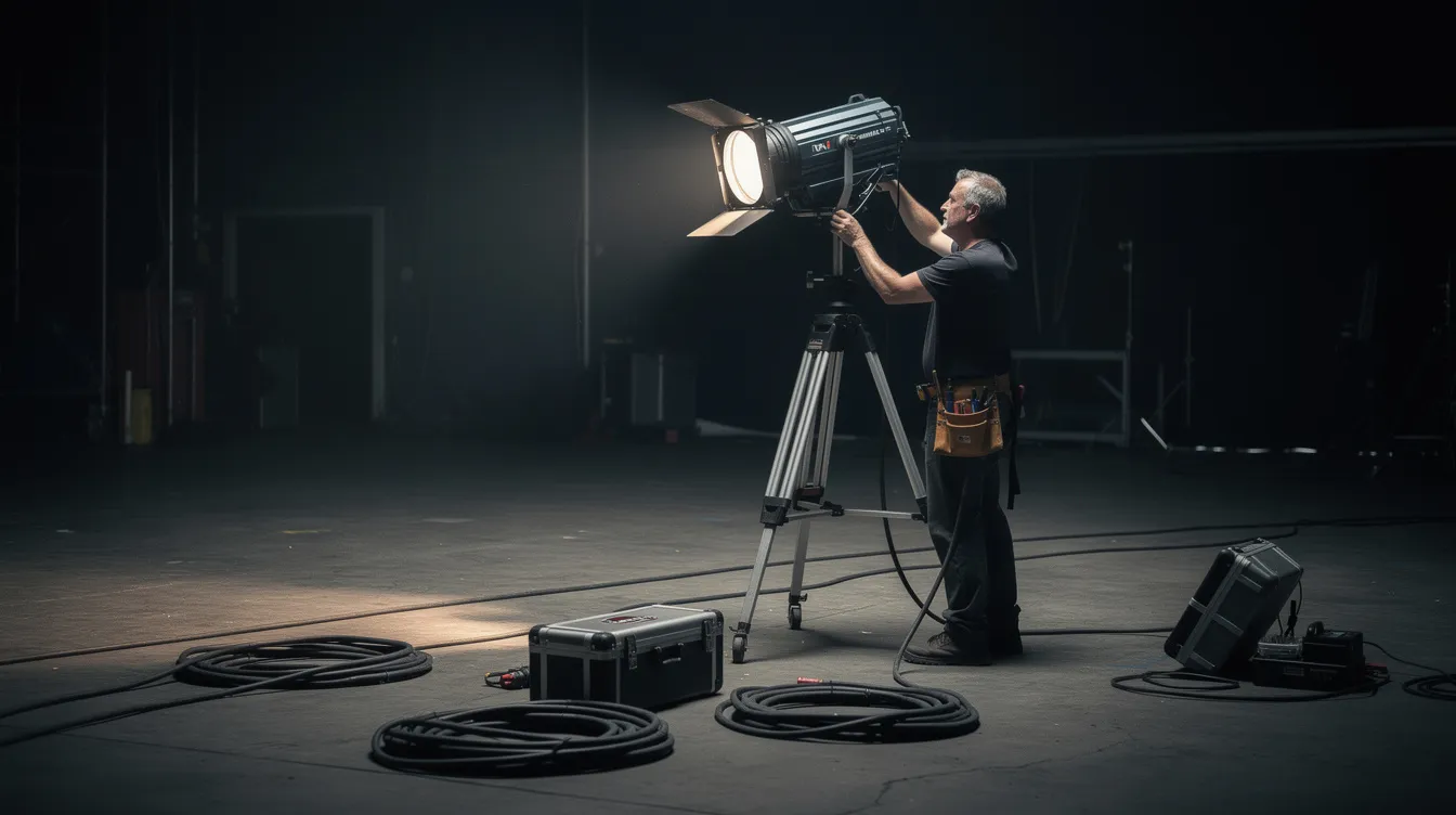 Auf dem Filmset ist ein Beleuchter zu sehen, der einen großen Scheinwerfer auf einem hohen Stativ ausrichtet, während Kabel auf dem Boden liegen und der Raum in dunklen Tönen gehalten ist. Die Atmosphäre erinnert an die Dreharbeiten eines spannenden Dramas, möglicherweise im Zusammenhang mit einem Artikel über das Spotlight-Team.