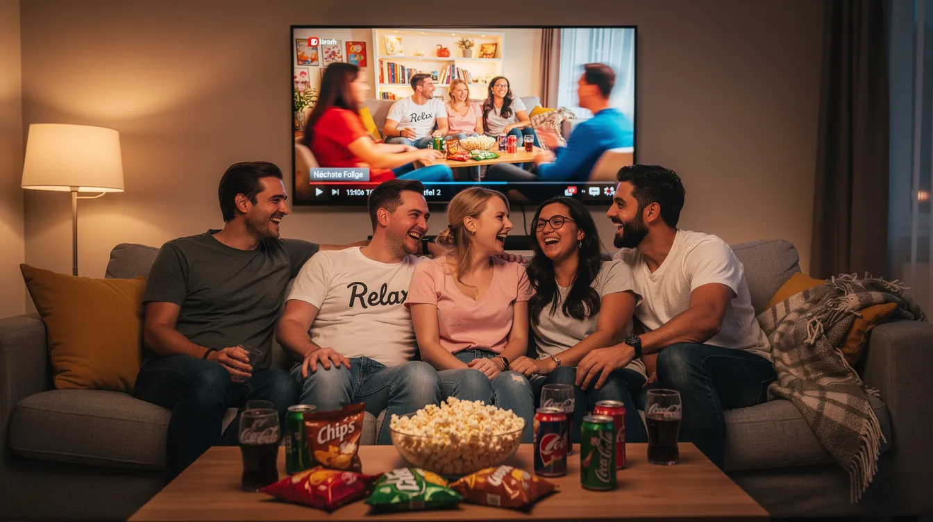 Eine Gruppe von Freunden sitzt lachend auf einem gemütlichen Sofa, umgeben von Popcorn und Getränken, während ein großer Fernseher eine bunte Szene aus ihrer Lieblingsserie zeigt. Diese entspannte Atmosphäre lädt zu einem Serienmarathon ein, perfekt für ein Binge-Watching-Erlebnis mit den neuesten Episoden.