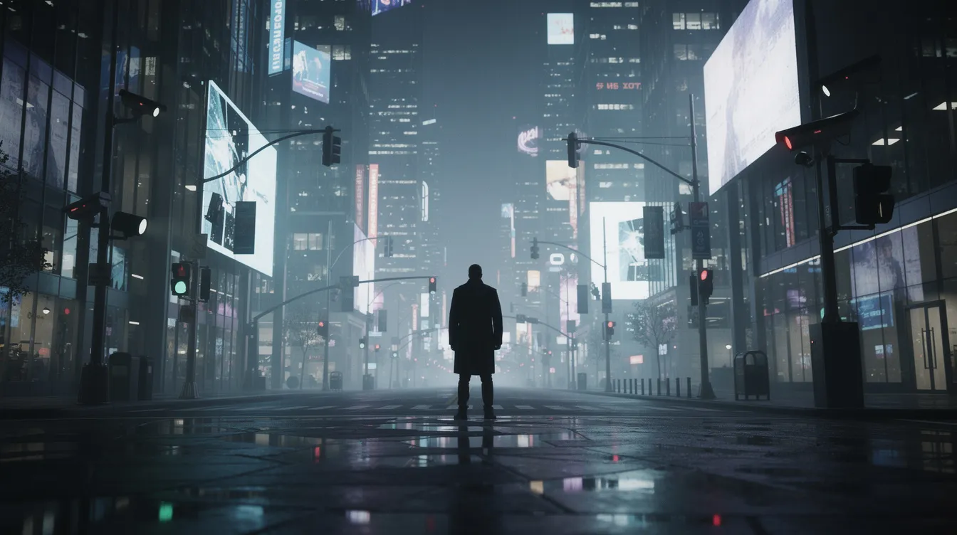 Die Silhouette eines Mannes steht allein in einer modernen Großstadt bei Nacht, umgeben von Überwachungskameras und dem schimmernden Licht der Stadt. Diese Szene erinnert an die spannende Atmosphäre der "Bourne Identität", in der Geheimagenten und Spionage eine zentrale Rolle spielen.