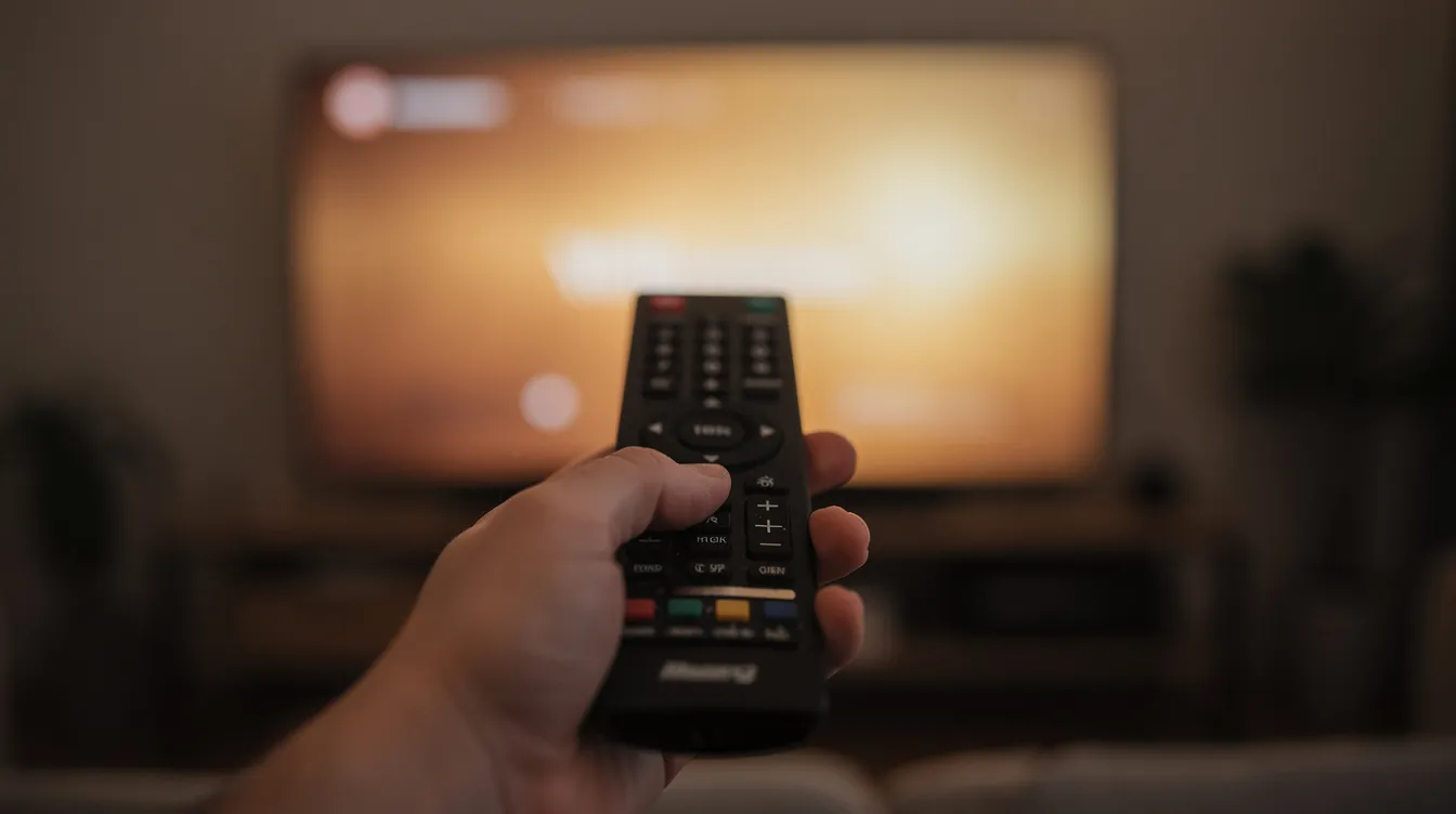 Eine Nahaufnahme einer Hand, die eine Fernbedienung hält, während im Hintergrund ein leicht verschwommener Fernseher mit warmem Licht zu sehen ist. Diese Szene könnte den Moment darstellen, in dem ein Zuschauer sich auf das Finale einer beliebten Fernsehserie vorbereitet.