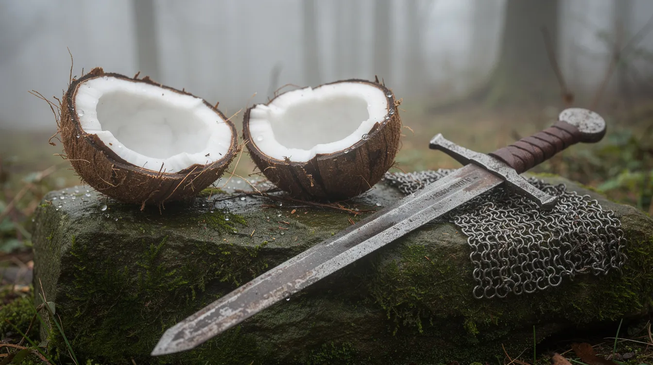 Auf einem moosbedeckten Stein liegen zwei halbe Kokosnussschalen, neben denen ein mittelalterliches Schwert und ein Fragment eines Kettenhemdes platziert sind, die an die humorvollen Abenteuer der „Ritter der Kokosnuss“ erinnern. Diese Szene vermittelt das Gefühl einer komödiantischen Reise im Stil von Monty Python und dem König Arthur.