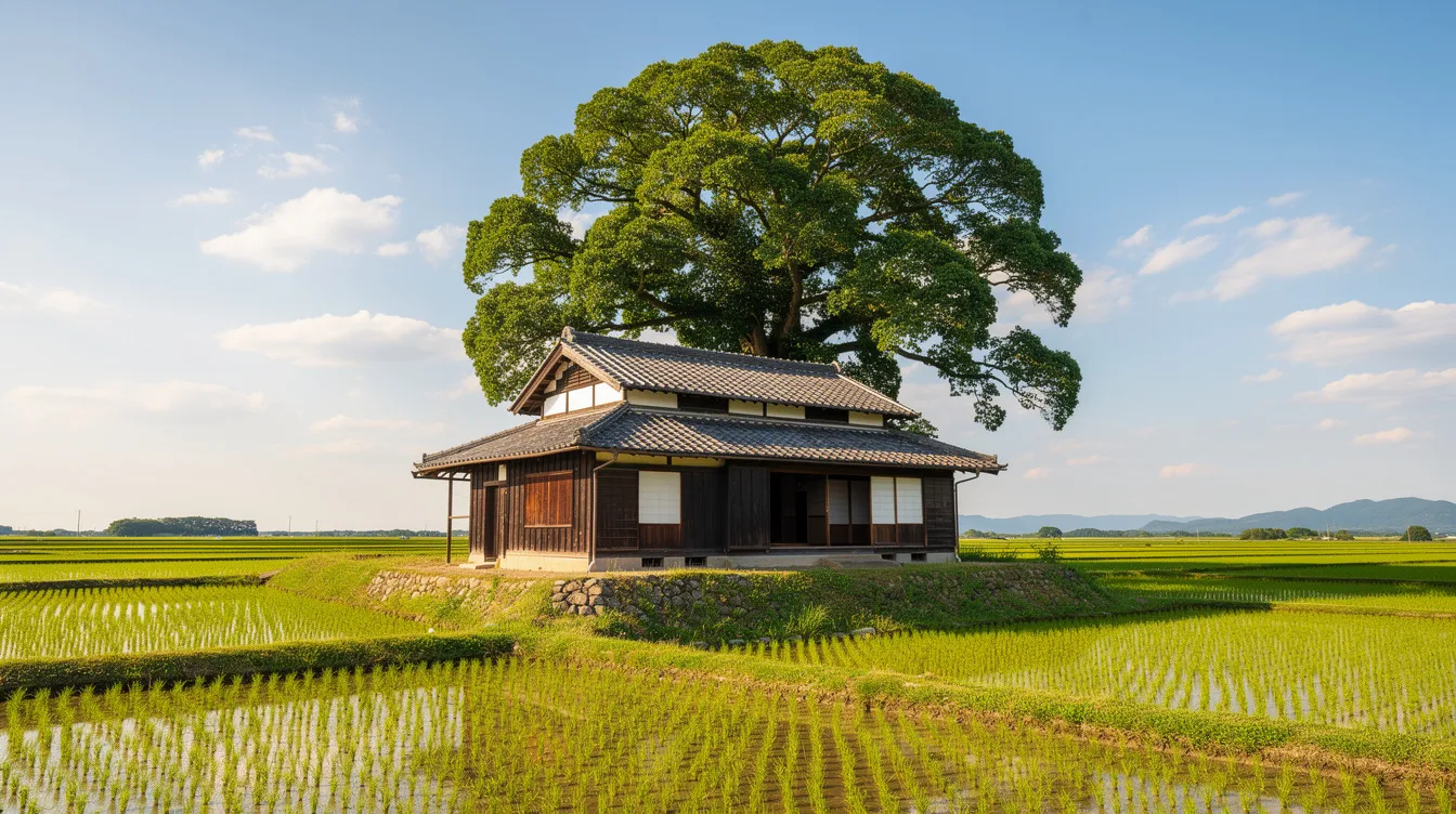 Ein ländliches japanisches Bauernhaus steht inmitten von satten, grünen Reisfeldern, während ein großer Kampferbaum im Hintergrund unter dem strahlend blauen Himmel zu sehen ist. Diese friedliche Szene erinnert an die Atmosphäre des Films "Mein Nachbar Totoro" von Hayao Miyazaki, der die Schönheit der Natur und das ländliche Leben feiert.