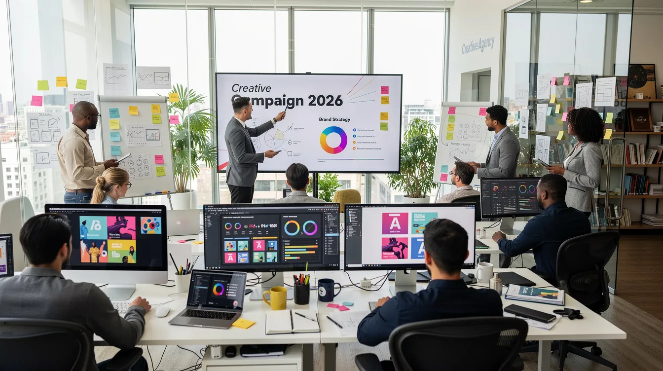 Das Bild zeigt ein geschäftiges Büro einer Werbeagentur, in dem Mitarbeiter konzentriert an ihren Monitoren arbeiten und Präsentationstafeln für Kunden vorbereiten. Die Atmosphäre ist dynamisch, während Ideen ausgetauscht werden, um die besten Werbestrategien für die kommenden "sweeps weeks" zu entwickeln.