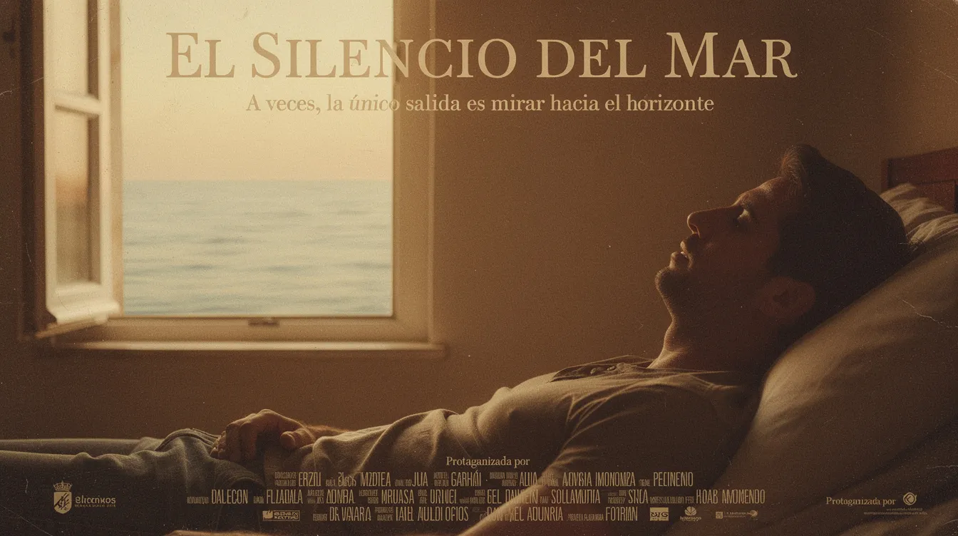 Das spanische Filmplakat zeigt einen liegenden Mann, der durch ein Fenster auf das Meer blickt, umgeben von warmen Erdtönen. Diese Szene vermittelt die tiefen Gefühle und die Sehnsucht des Charakters Ramón Sampedro, der in "Das Meer in mir" mit den Themen Leben und Tod konfrontiert wird.