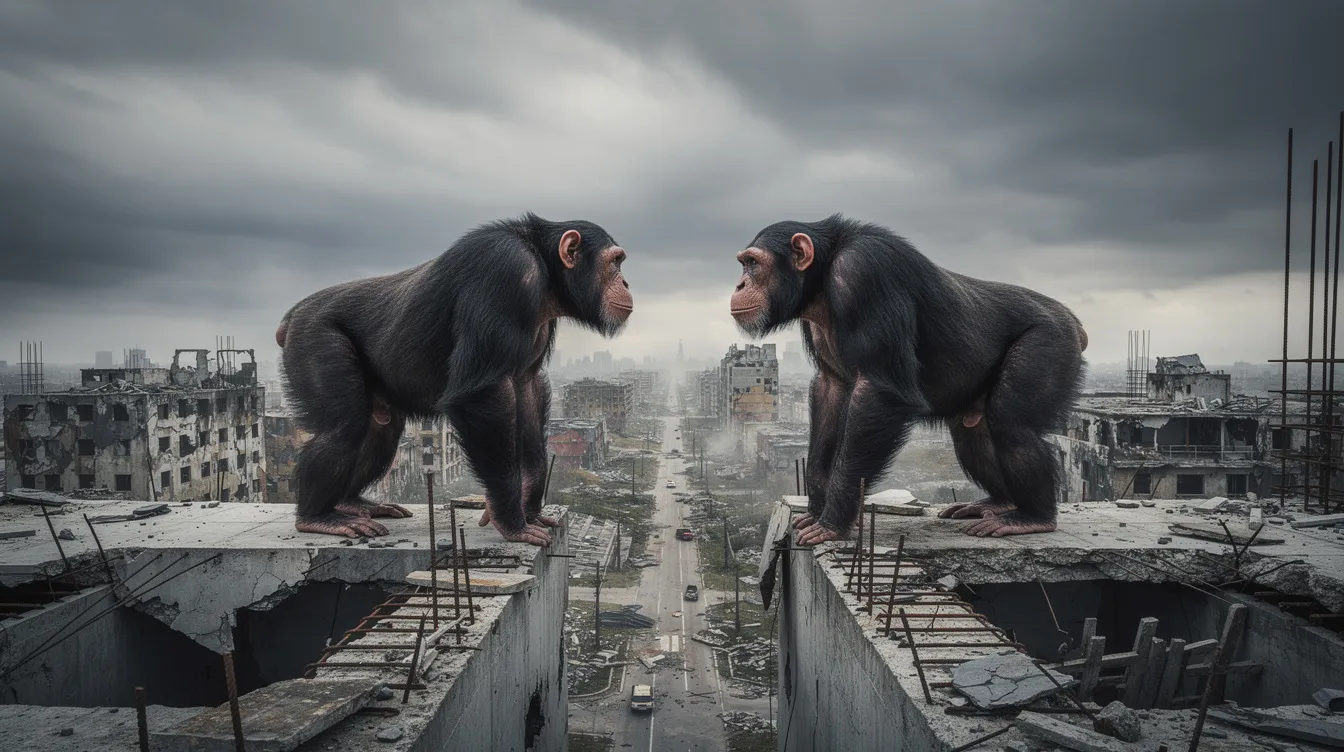 Zwei Schimpansen stehen sich auf einer halbfertigen Betonkonstruktion gegenüber, während im Hintergrund ein bewölkter Himmel über einer verfallenen Stadtlandschaft schwebt. Diese Szene erinnert an die düstere Atmosphäre aus "Planet der Affen: Revolution", in der das Überleben des Affenvolks und der Menschheit auf dem Spiel steht.